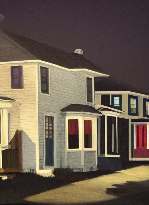 Prompt: small suburban houses in America at night by Edward Hopper, fantasy, moody lighting, dark mood, imagination, nighthawks, cinematic