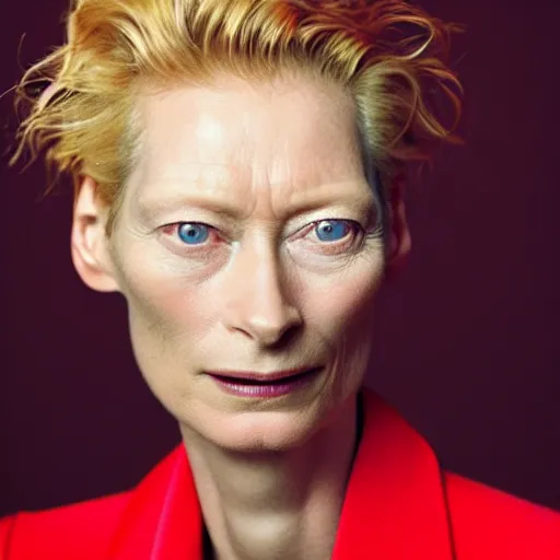 Image similar to close up portrait of tilda swinton wearing a red blazer and ruby earrings, vivid eyes, photorealistic