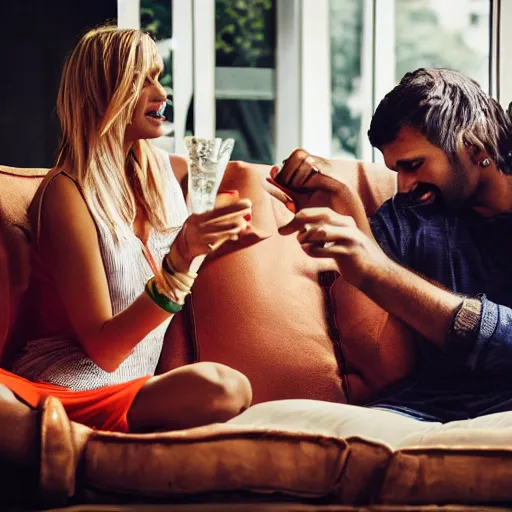 Image similar to indian guy and blonde swedish girl drinking gin and tonics on the couch