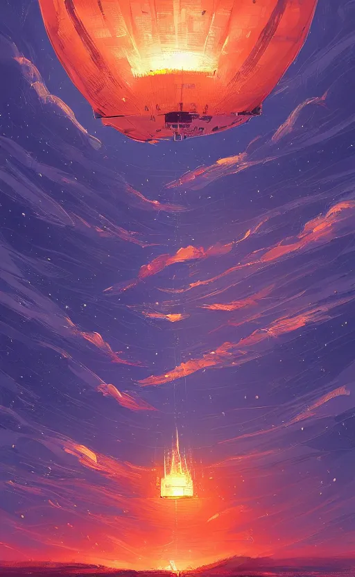 Image similar to a beautiful illustration of an airship burning in the sky at night, art of alena aenami, featured on artstation, vertical orientation, paint brush strokes, expressionism, brushstroke - laden, breathtaking clouds, birds, ocean, beautiful stars, long exposure, big moon radius, airy midnight theme, blue purple gradient, lens flare, flames and ember