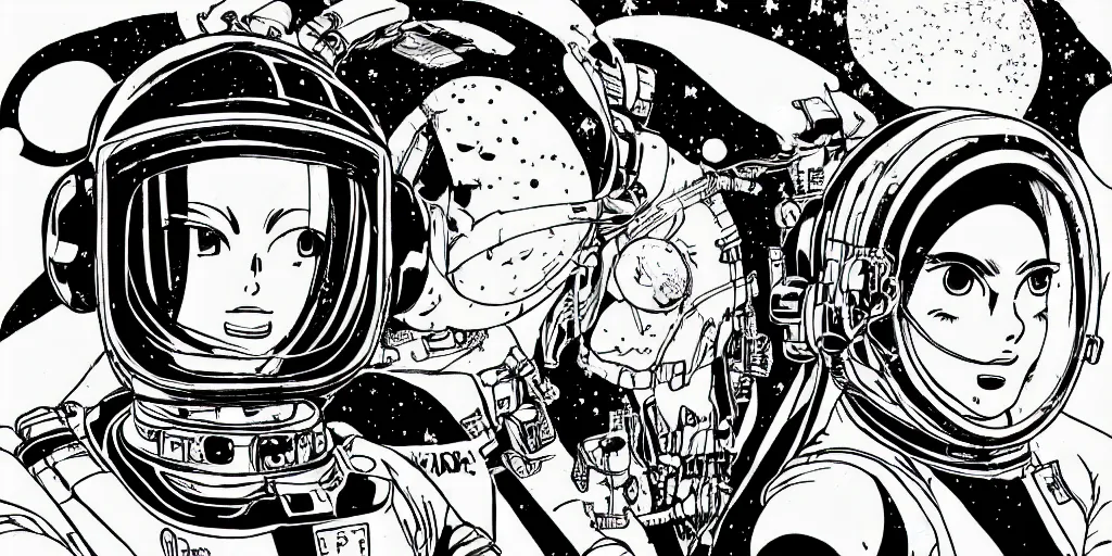 Prompt: manga portrait of a woman wearing a space helmet, akira toriyama, lineart, black and white, scifi, big clouds visible in the background, stars in the sky, high contrast, deep black tones