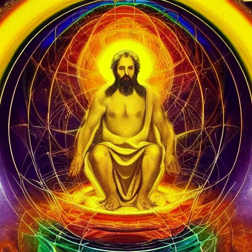 Prompt: god sitting in the center of the multi dimensional latent space conceptualizing our collectively designed divine imaginations