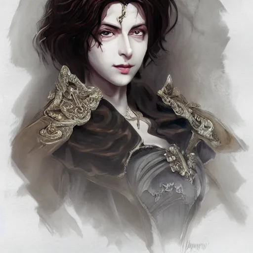 Image similar to portrait of lady dimitrescu from resident evil village, baroque style, elegant, beautiful, mesmerizing, concept art, highly detailed, artstation, behance, deviantart, inspired by innocent manga, inspired by castlevania concept art, trending, ayami kojima, shinichi sakamoto