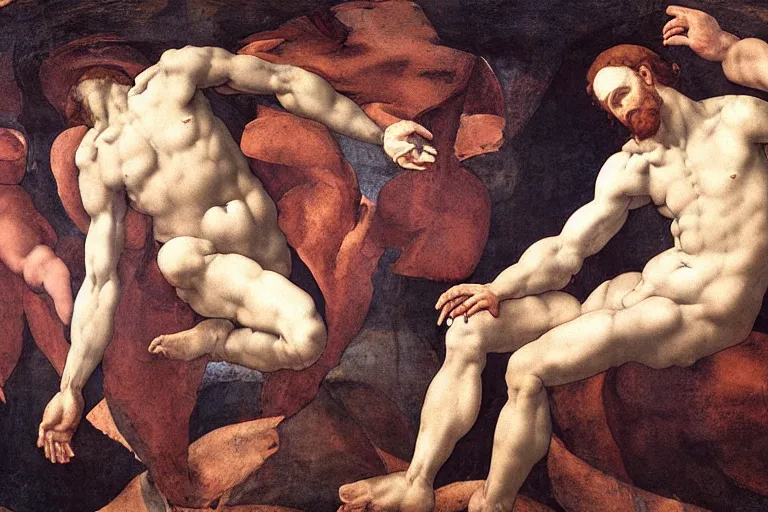Prompt: Michelangelo's creation of Adam but God is an AI and Adam is a modern man