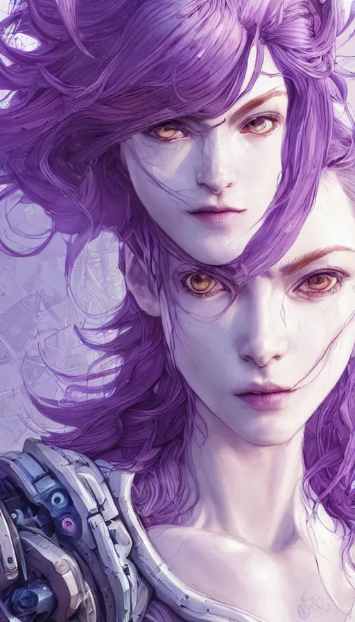 Image similar to close facial portrait of a pale woman in power armor with flowing purple hair, elegant, stoic, intense, ultrafine hyperdetailed illustration by kim jung gi, irakli nadar, intricate linework, sharp focus, bright colors, octopath traveler, final fantasy, hearthstone, highly rendered, global illumination, radiant light, detailed, intricate environment