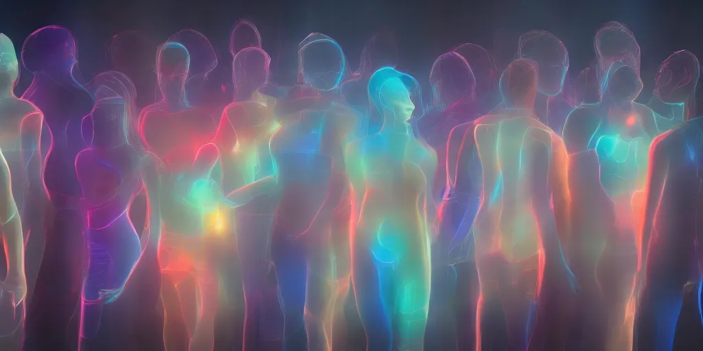 Image similar to diverse groups of humans with glowing electronic body implants projecting amazing 3D graphics, from behind, rebirth, beauty, wide angle, elaborate, wet, highly detailed, colors, beautiful lighting