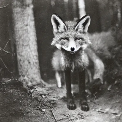 Prompt: anthropomorphic fox man doing fieldwork, 1910s film still