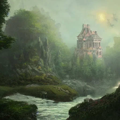 Prompt: a painting of a castle in the middle of a forest, a detailed matte painting by ding guanpeng, cgsociety contest winner, fantasy art, matte painting, 2 d game art, concept art