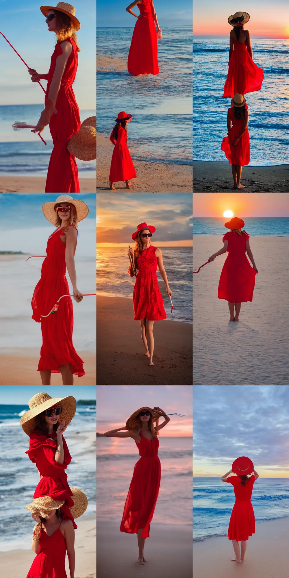 Prompt: “A photograph of a young woman with sunglasses, wearing red dress and a straw hat standing on a beach with the sunset in the background, 4K, high quality, detailed.”