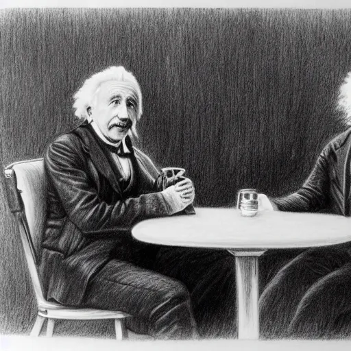 Image similar to Einstein and Tesla sitting at cafe, pencil drawing, ultra detailed