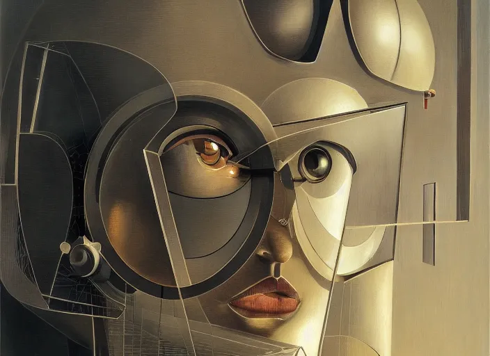 Prompt: a portrait headshot of sci fi metallic human, bright eyes, melancholic complex geometric figure liminal machinery by oskar schlemmer, moebius, john berkey, cinema grain, oil on canvas, portrait facial head, featured on artstation, hd wallpaper