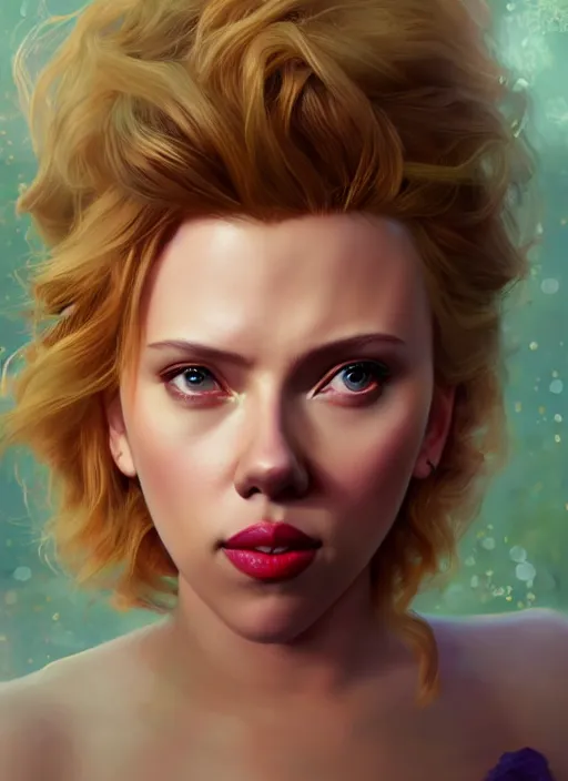 Image similar to scarlett johansson as a disney princess, au naturel, hyper detailed, digital art, trending in artstation, cinematic lighting, studio quality, smooth render, unreal engine 5 rendered, octane rendered, art style by klimt and nixeu and ian sprigger and wlop and krenz cushart