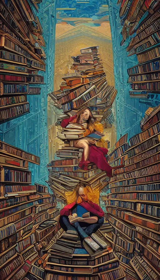 Image similar to The oracle of readers surrounded by ancient books, italian futurism, Dan Mumford, da vinci, Josan Gonzalez