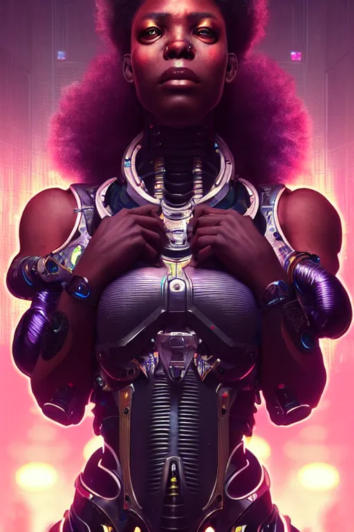 Image similar to ultra realistic, beautiful female african cyborg in a crowded smoky cyberpunk club in space megalopolis, sci - fi, intricate details, eerie, highly detailed, octane render, 8 k, art by artgerm and alphonse mucha and greg rutkowski