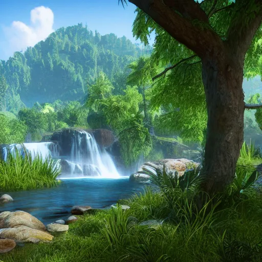 Prompt: paradise on earth with nice trees, rivers, mountains and sun, unreal engine, photorealistic, ultra - detailed, 4 k high resolution, hdr shot