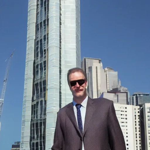 Prompt: a giant caucasian man dressed very elegantly standing next to a shoulder height skyscraper