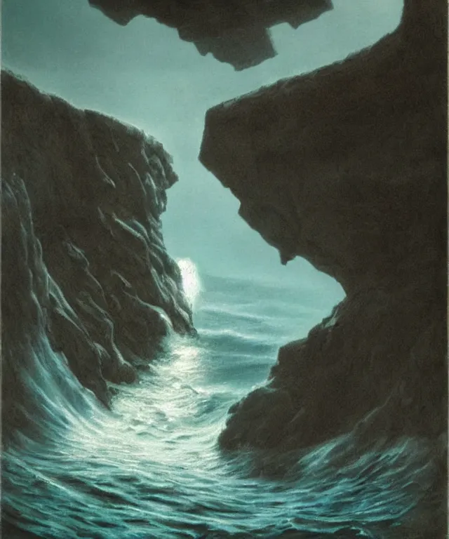 Image similar to photorealistic painting of a 1 9 2 5 seiner sailing near a short tropical cliff with the mouth of a sea cave at the waterline, dark, brooding, atmospheric, lovecraft, horror, smooth, epic, highly detailed, cinematic, by robert bateman