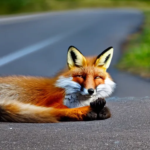 Prompt: a fox sleeping on a suv, side of the road, sunny, hyperrealistic, 4 k, contest winning photography