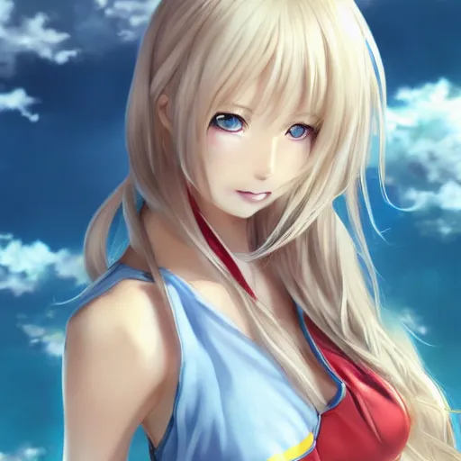 Image similar to a very beautiful young mature anime basketball girl, full body, long wavy blond hair, sky blue eyes, full round face, short smile, bikini, miniskirt, highly detailed, cinematic wallpaper by stanley artgerm lau