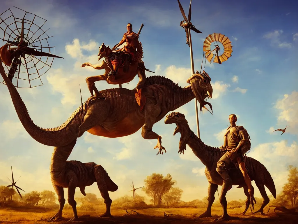 Prompt: portrait of don quixote sitting on a dinosaur in front of a windmill, summer, sun in the zenith, digital art, highly detailed, stunning scene, 4 k, realism, bright colors, trending on artstation