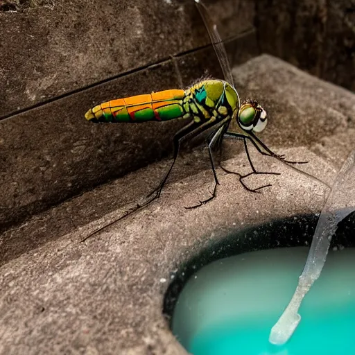 Prompt: dragonfly in a bathtub in the alps, goat!!!!! in background