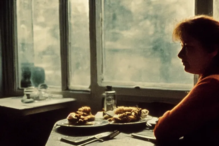 Image similar to soviet movie still a soviet woman sitting at a table next to the window with food, dark warm light, a character portrait by margarita terekhova, movie stalker solaris film still by andrei tarkovsky, 8 k, 1 9 8 4, close - up bokeh, gelios lens, color, noir