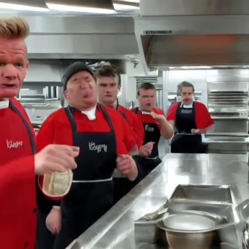 Image similar to gordon ramsay yelling at burger king employees in the burger king kitchen on kitchen nightmares. the employees are lined up and in their burger king uniforms. 4 k broadcast