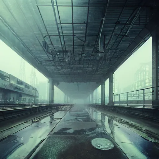 Prompt: raining dark smog wide angle shot dieselpunk dystopia makoto shinkai corrogated steel walkway