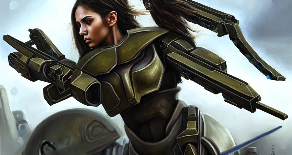 Image similar to a photorealistic painting of an attractive young warrior girl, clothed in stealth-battle armor with a giant sci-fi sniper rifle in her hands, olive skin, long dark hair, beautiful bone structure, symmetrical face, perfect eyes, a futuristic hover-tank with heavy laser-turret in the background, intricate details, elegant, digital painting, illustration, sharp focus, minimal artifacts, from Metal Gear, in the style of Ruan Jia and Mandy Jurgens and Greg Rutkowski, trending on Artstation, award winning, unreal engine, octane render