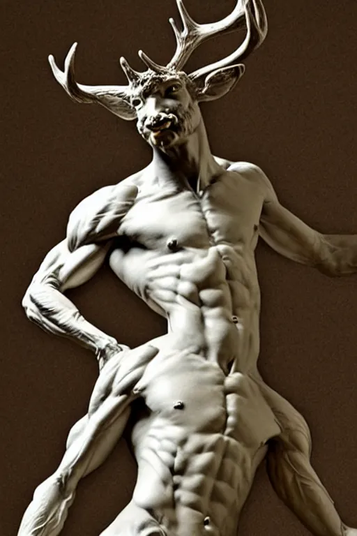 Prompt: full view of an intricate and detailed deer-man statue made on polished tan marble sculpted by Bernini and Nicola Samori, style of Maxfield Parrish and Bastien Lecouffe-Deharme, ultra realistic, volumetric light