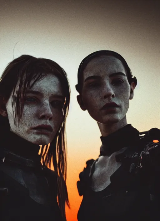 Image similar to cinestill 5 0 d photographic portrait of two loving female androids wearing rugged black techwear on a desolate plain with a red sky in front of a brutalist structure, extreme closeup, cyberpunk style, dust storm, 8 k, hd, high resolution, 3 5 mm, f / 3 2, ultra realistic faces, ex machina