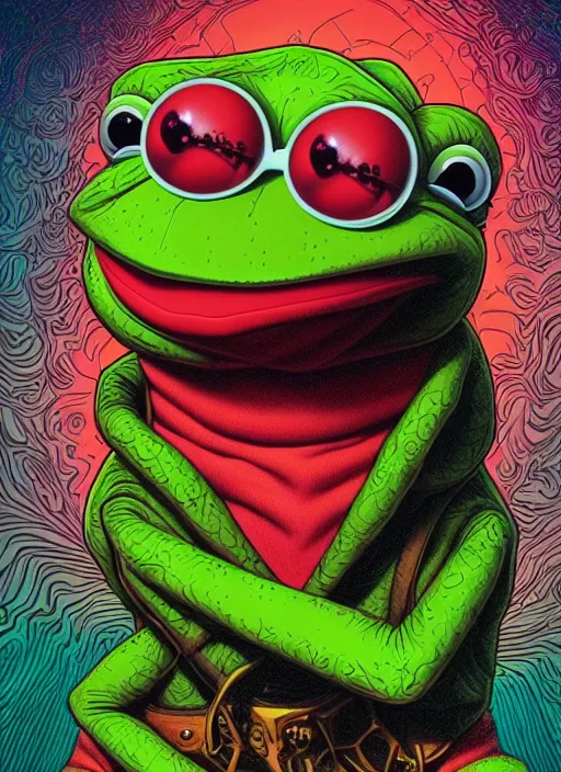 Image similar to Portrait of Kermit the frog, Kilian Eng, Dan Mumford, Jason Edmiston, detailed