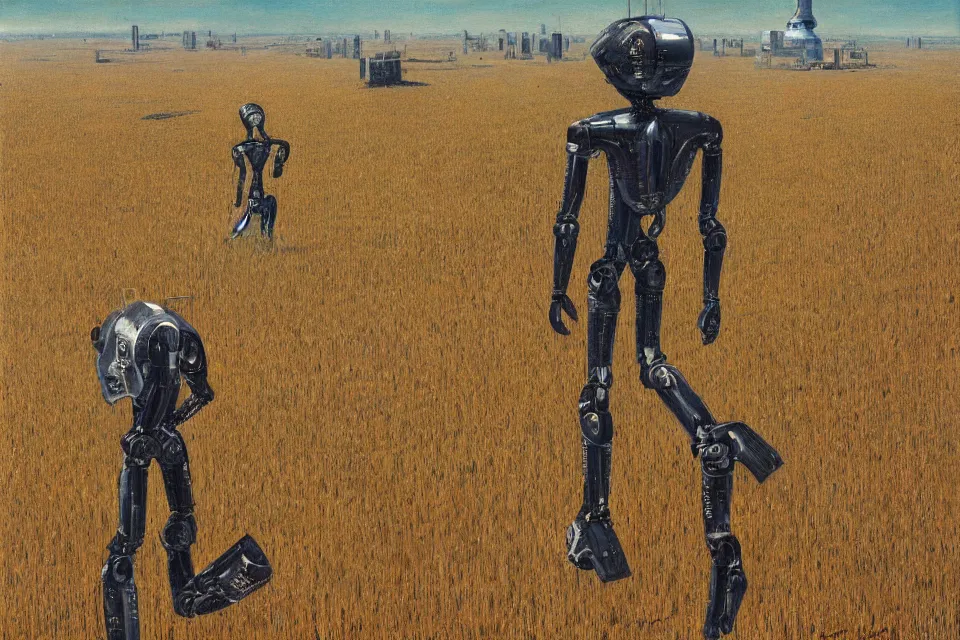 Image similar to sci-fi painting of a large alien city on the vast wheat fields, the closed back view of one humanoid robot on the ground, by Gustave Baumann, godrays, detailed