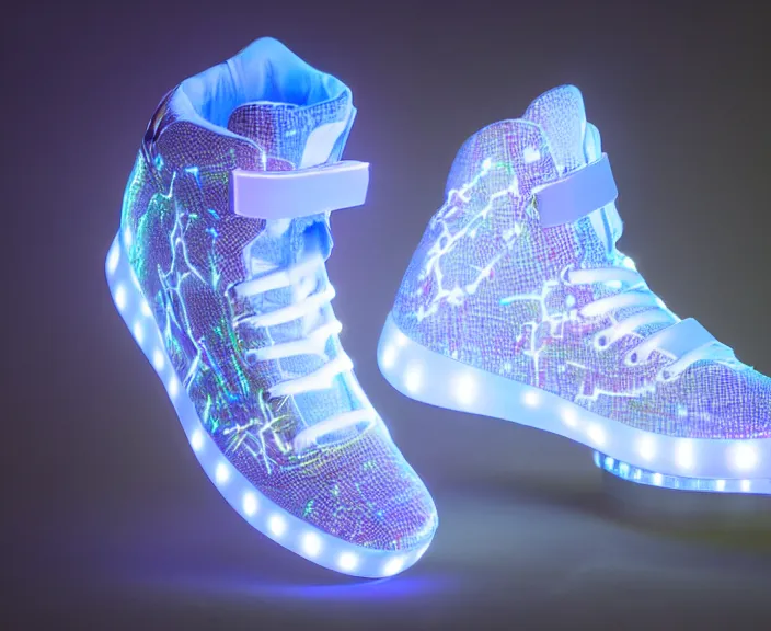 Image similar to generative design sneakers with led skin in the style of cyberdog, product shot, dynamic neon lighting