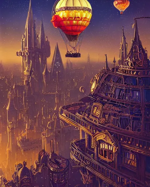 Image similar to a stunning fantasy scene of a steampunk hot - air balloon flying over an art deco city with a clock - tower | highly detailed | very intricate | disney pixar | steampunk | dramatic romantic epic breathtaking whimsical magical | bokeh moon stars | professional cinematic lighting | artdeco | painted by beeple and rhads and donato giancola | bold color palette | featured on artstation