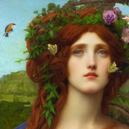 Prompt: Beautiful Pre-Raphaelite goddess of nature with a little bird sitting on top of her head, in the style of John William Godward, close-up portrait, head in focus, flowers and plants, etheric, moody, intricate, mystical,