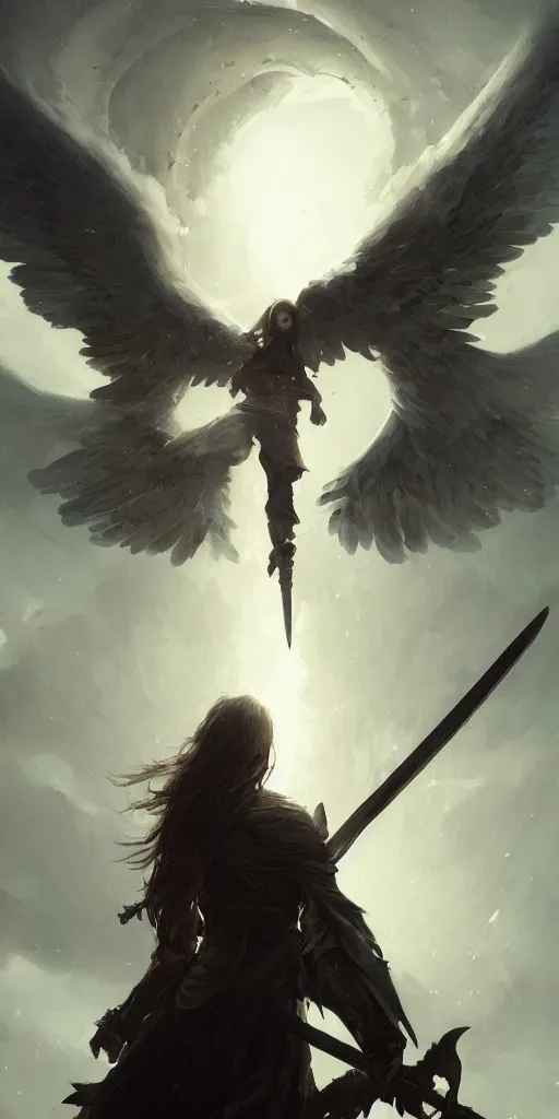 Image similar to Fallen angel holding a sword, artstation, detailed, dark fantasy, digital art, beautiful composition, masterpiece by Greg Rutkowski