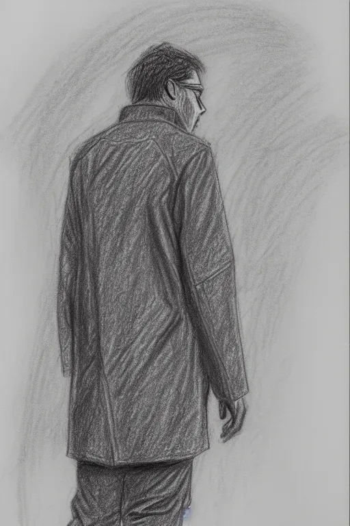 Image similar to a drawn man standing in the rain in a jacket. pencil sketch.