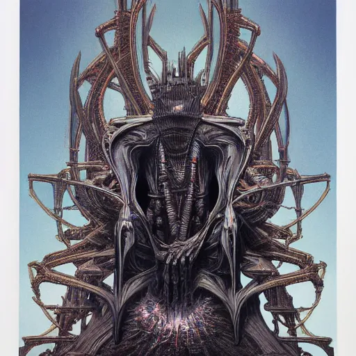 Prompt: biomechanical throne with alienic king connected to it by wayne barlowe