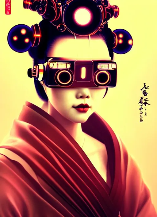 Prompt: sensual japanese geisha wearing futuristic virtual reality eyeglass, intricate geisha kimono, robotic, android, cyborg, cyberpunk face, steampunk, fantasy, intricate, elegant, highly detailed, colorful, vivid color, digital photography, cool warm lighting, artstation, concept art, art by artgerm and greg rutkowski and ruan jia,