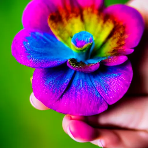 Image similar to closeup photo of rainbow - colored flower with 7 petals, held by hand, shallow depth of field, cinematic, 8 0 mm, f 1. 8