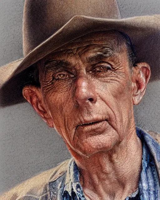 Image similar to high quality high detail pencil drawing by norman rockwell, hd, close up portrait, old cowboy, muted pastel colors, photorealistic lighting