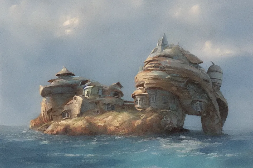 Prompt: giant seashell shaped house where a fisherman, in the style of john harris and moebius