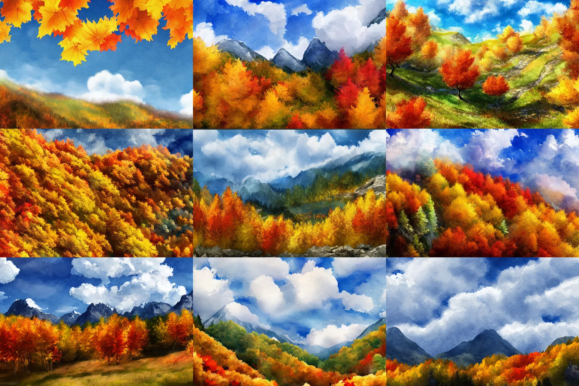 Prompt: fluffy clouds, alpine scenery, autumn leaves blowing in the wind, 8k highly detailed digital art, trending on artstation, pixiv, digital watercolor