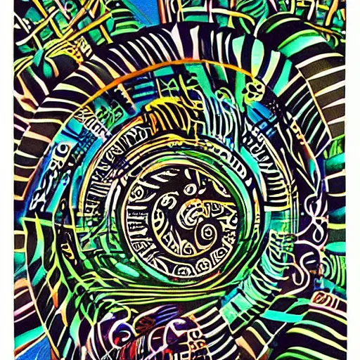 Prompt: 1995 magazine ad for iPhone, tribal graphic design theme, jungle leaf motif, spirals, musical instruments, airbrush style, global village coffeehouse