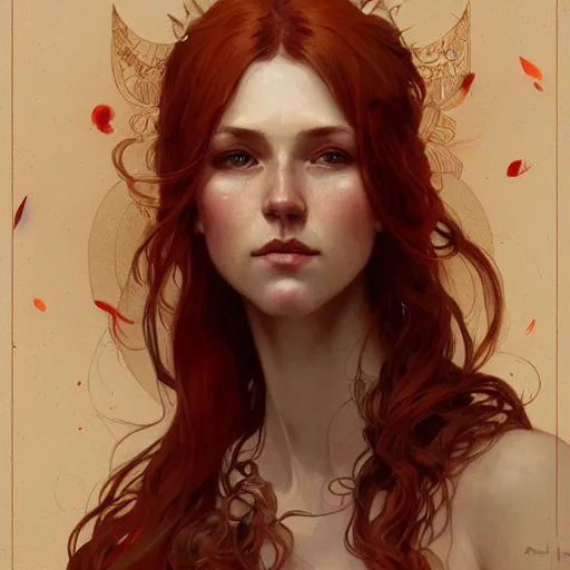 Image similar to A full portrait of Nordic female, 30 years old, brown red long hair, intricate, elegant, highly detailed, digital painting, artstation, concept art, smooth, sharp focus, illustration, art by Krenz Cushart and Artem Demura and alphonse mucha