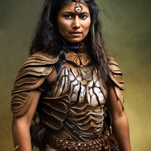 Prompt: a majestic brown warrior woman wearing a dragonfly armor. woman is face to face with a tiger. studio portrait. photorealistic.