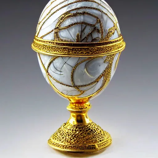 Prompt: a very detailed white marble Fabergé egg adorned with intricate golden lines, and small emerals