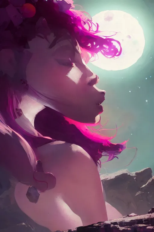 Image similar to A beautiful woman with magenta hair covering her face basking in the moonlight on a bed of obsidian crystals below planets, tall tree, cinematic lighting, dramatic atmosphere, by Dustin Nguyen, Akihiko Yoshida, Greg Tocchini, Greg Rutkowski, Cliff Chiang, 4k resolution, trending on artstation