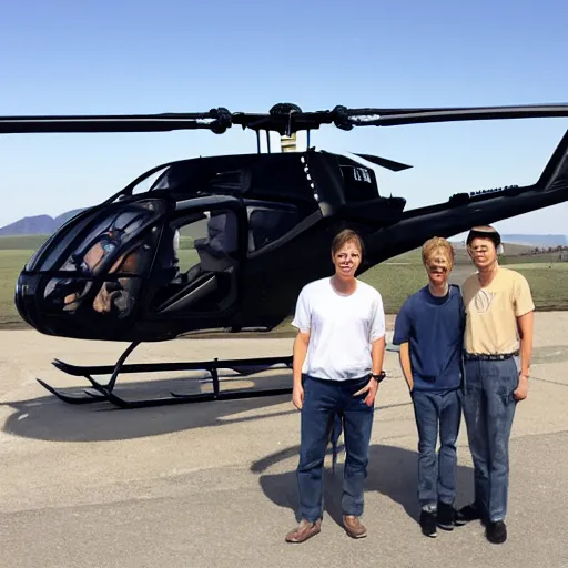 Image similar to painting of blonde swedish guy and tall korean guy in front or robinson r 4 4 helicopter